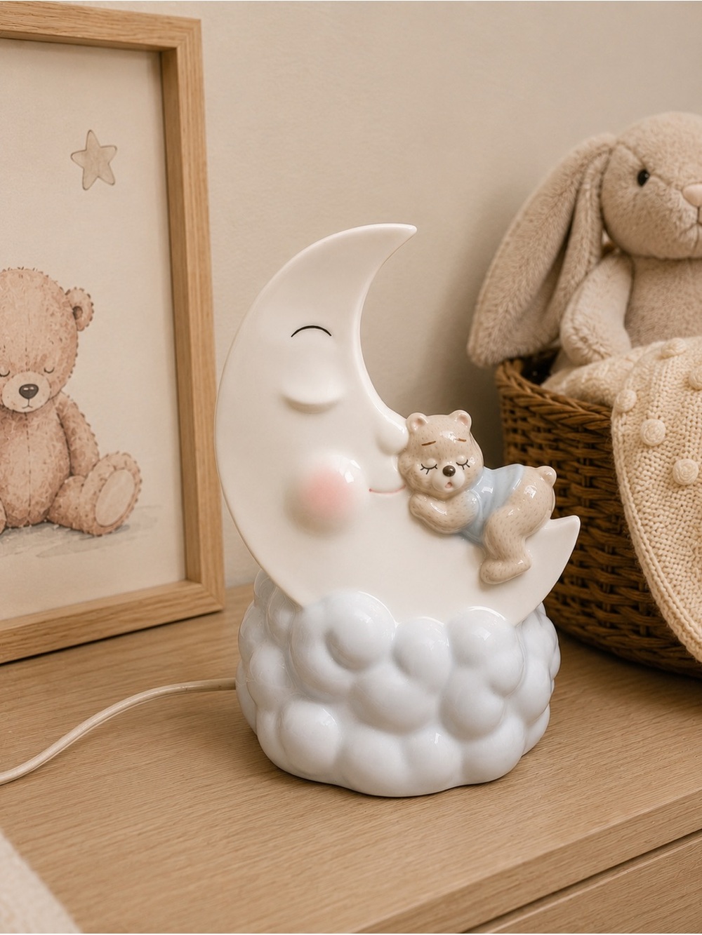 Vintage Ceramic Moon & Sleeping Bear Nursery Lamp / Night Light